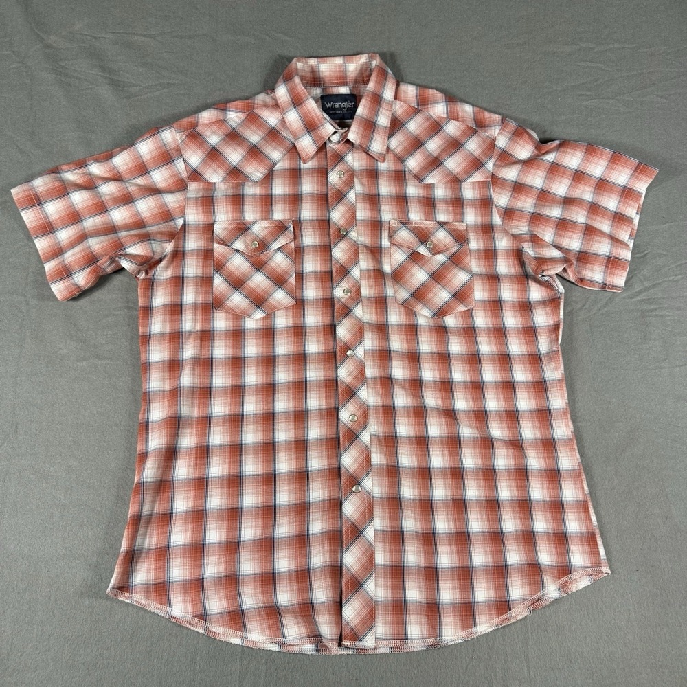 Wrangler Western Shirt Mens L Plaid Snap Button Short Sleeve Cowboy Peal Snap